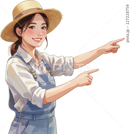 笑顔の女性農家 オーバーオールと麦わら帽子 指差しポーズ 切り抜き 透明背景 127228759