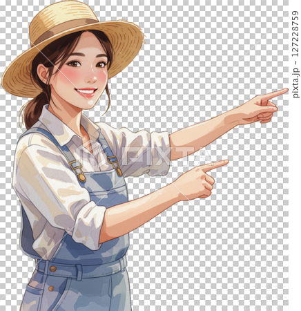 笑顔の女性農家 オーバーオールと麦わら帽子 指差しポーズ 切り抜き 透明背景 127228759