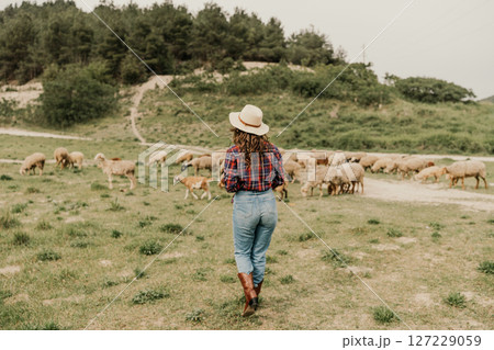 A woman wearing a hat and jeans walks through a field of sheep 127229059