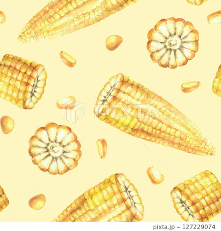Watercolor sweet Corn seamless pattern. Yellow kernels, cut corncobs or golden maize cobs pieces and seeds. Hand painted illustration for food wallpaper, fabric. Isolated pastel coloured background 127229074