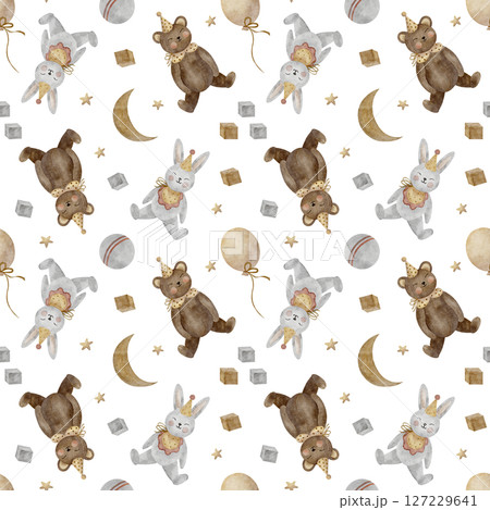 Seamless pattern vintage toys rabbit, teddy bear, moon, stars, wooden cubes, ball. Watercolor illustration of animals hand drawn on white background for design textiles, fabrics, packaging, clothes 127229641