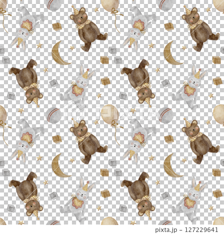 Seamless pattern vintage toys rabbit, teddy bear, moon, stars, wooden cubes, ball. Watercolor illustration of animals hand drawn on white background for design textiles, fabrics, packaging, clothes 127229641