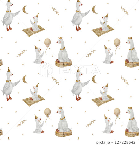 Seamless pattern geese dad mom baby catches stars moon. Watercolor illustration goose hand drawn in children's style on white background for the design of textiles, fabrics, packaging, clothes, cards 127229642