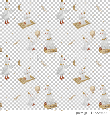 Seamless pattern geese dad mom baby catches stars moon. Watercolor illustration goose hand drawn in children's style on white background for the design of textiles, fabrics, packaging, clothes, cards 127229642
