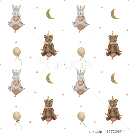 Seamless pattern vintage hare, rabbit, bear in a party cap. Watercolor illustration animals hand drawn children's style on white background design textiles, fabrics, packaging, clothes, birthday card Seamless pattern vintage hare, rabbit, bear in a party cap. Watercolor illustration animals hand drawn children's style on white background design textiles, fabrics, packaging, clothes, birthday card 127229644