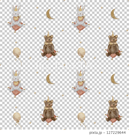 Seamless pattern vintage hare, rabbit, bear in a party cap. Watercolor illustration animals hand drawn children's style on white background design textiles, fabrics, packaging, clothes, birthday card Seamless pattern vintage hare, rabbit, bear in a party cap. Watercolor illustration animals hand drawn children's style on white background design textiles, fabrics, packaging, clothes, birthday card 127229644