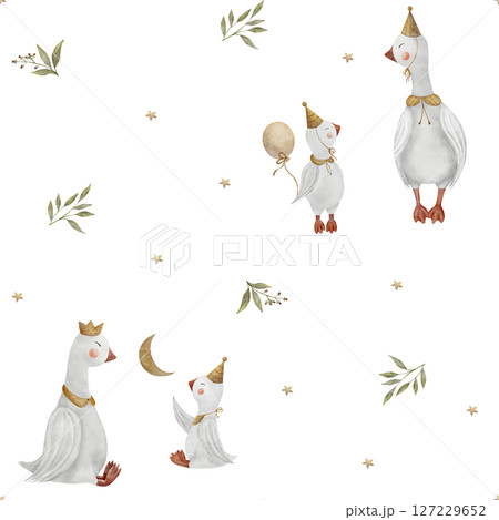 Pattern watercolor illustration geese stars moon in green leaves, berries. Goose hand drawn in retro style. Seamless print on a white background for textile design, fabric, clothing packaging, cards Pattern watercolor illustration geese stars moon in green leaves, berries. Goose hand drawn in retro style. Seamless print on a white background for textile design, fabric, clothing packaging, cards 127229652