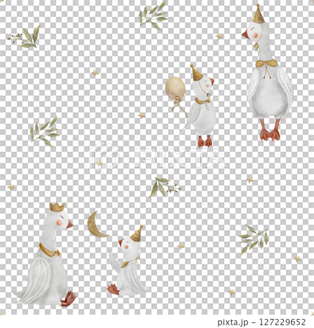 Pattern watercolor illustration geese stars moon in green leaves, berries. Goose hand drawn in retro style. Seamless print on a white background for textile design, fabric, clothing packaging, cards Pattern watercolor illustration geese stars moon in green leaves, berries. Goose hand drawn in retro style. Seamless print on a white background for textile design, fabric, clothing packaging, cards 127229652