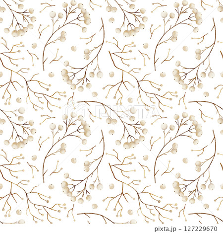 Pattern branch snowberry, white berries, beige golden twig. Watercolor illustration hand drawn stylized. Seamless elegant print on isolated background for design textiles, fabrics, packaging, clothes 127229670
