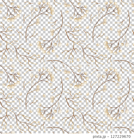 Pattern branch snowberry, white berries, beige golden twig. Watercolor illustration hand drawn stylized. Seamless elegant print on isolated background for design textiles, fabrics, packaging, clothes 127229670