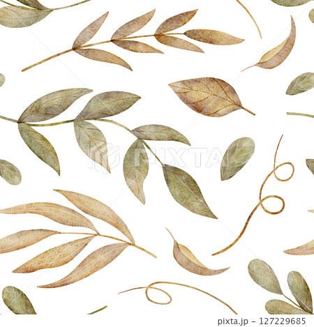 Pattern watercolor illustration forest leaves, branches falling in autumn, hand drawn yellow green. Seamless print in vintage style on white background for textile design, fabric, packaging, clothes 127229685