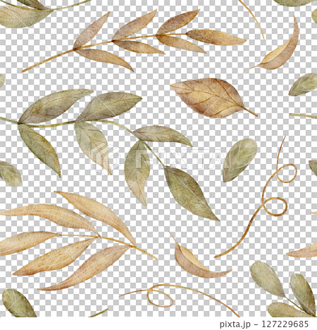 Pattern watercolor illustration forest leaves, branches falling in autumn, hand drawn yellow green. Seamless print in vintage style on white background for textile design, fabric, packaging, clothes 127229685