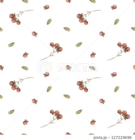 Seamless pattern berries red, green leaves, branches. Watercolor illustration hand drawn in vintage style print on white background for design textiles fabrics, packaging, baby clothes, Christmas card Seamless pattern berries red, green leaves, branches. Watercolor illustration hand drawn in vintage style print on white background for design textiles fabrics, packaging, baby clothes, Christmas card 127229696