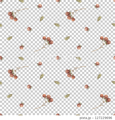 Seamless pattern berries red, green leaves, branches. Watercolor illustration hand drawn in vintage style print on white background for design textiles fabrics, packaging, baby clothes, Christmas card Seamless pattern berries red, green leaves, branches. Watercolor illustration hand drawn in vintage style print on white background for design textiles fabrics, packaging, baby clothes, Christmas card 127229696
