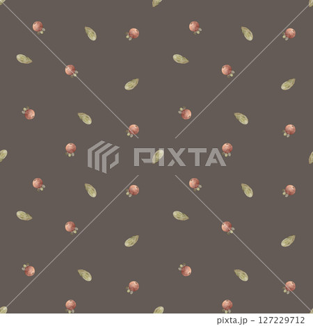Pattern watercolor illustration wild berries lingonberries red, green leaves hand drawn stylized style. Seamless print on brown background for textile design, fabric, packaging, baby clothes, card Pattern watercolor illustration wild berries lingonberries red, green leaves hand drawn stylized style. Seamless print on brown background for textile design, fabric, packaging, baby clothes, card 127229712