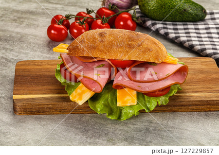 Sandwich ciabatta with mortadella and cheese 127229857