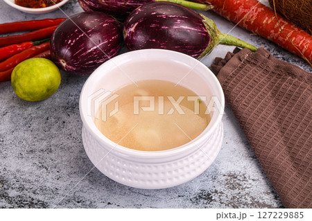 Light seafood soup with prawns 127229885