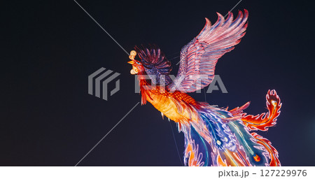 Beijing, China. Zigong Lantern Festival In Beijing. Amazing Lighting Composition Phoenix Dance From Ninth Heaven. Chinese Phoenix Fenghuang Are Mythological Birds. Symbol Of Virtue And Grace Beijing, China. Zigong Lantern Festival In Beijing. Amazing Lighting Composition Phoenix Dance From Ninth Heaven. Chinese Phoenix Fenghuang Are Mythological Birds. Symbol Of Virtue And Grace 127229976