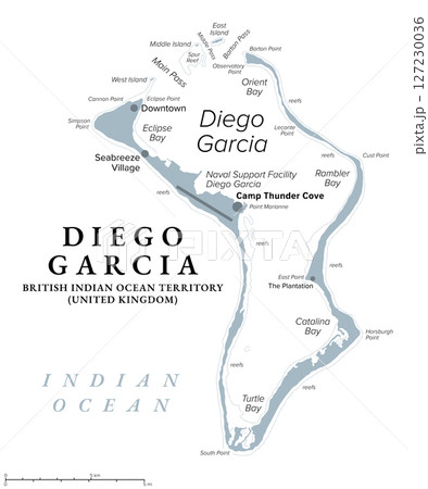 Diego Garcia, the largest island of the Chagos Archipelago, gray political map. British Indian Ocean Territory, BIOT, and site of a Joint Military Facility of the United Kingdom and the United States. 127230036
