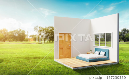 Modern house on earth and green grass with blue sky background in real estate sale or property investment concept, Buying new home for big family - 3d illustration of residential building exterior. Modern house on earth and green grass with blue sky background in real estate sale or property investment concept, Buying new home for big family - 3d illustration of residential building exterior. 127230330