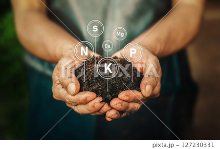 The fertile soil for cultivation is in the hands of men, and there are technology icons about the elements in the soil. Soil for planting with the nutrients in the soil that are necessary for plant. The fertile soil for cultivation is in the hands of men, and there are technology icons about the elements in the soil. Soil for planting with the nutrients in the soil that are necessary for plant. 127230331
