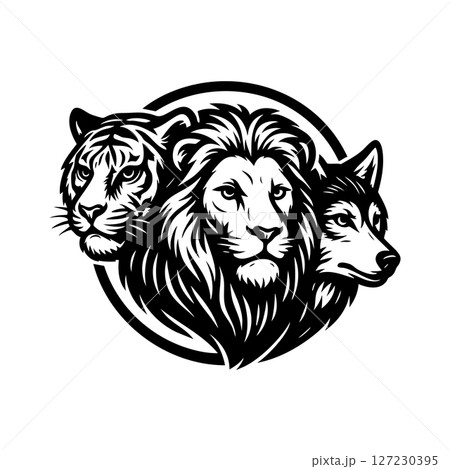 Monochrome logo style illustration of a tiger, lion, and wolf in a circular emblem. Bold lines, fierce expression, isolated on white background. Wildlife Animals. 127230395