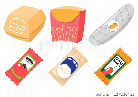 Fast Food Packaging and Sauce Sachets Vector Set	 127230413