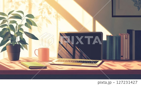 Laptop computer on a desk next to a green plant in a modern workspace environment 127231427