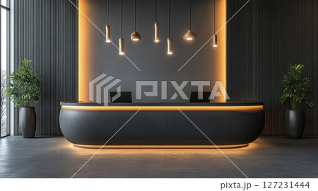 Black and white reception area featuring a large black tub and modern furnishings 127231444