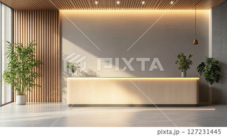 White reception table in modern office interior setting for professional events and gatherings 127231445