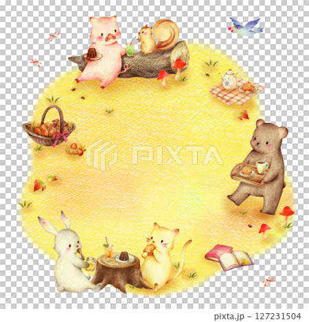 Background of animals eating sweets in an autumn field, hand-drawn colored pencil drawing 127231504
