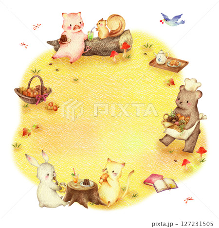 秋の野原でスイーツを食べる動物たちとクマの店員の背景　手描き色鉛筆画 127231505