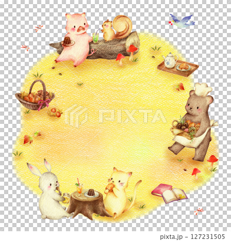 秋の野原でスイーツを食べる動物たちとクマの店員の背景　手描き色鉛筆画 127231505