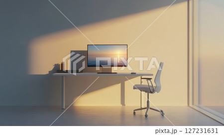 White desk with a laptop and office supplies arranged neatly on the surface 127231631