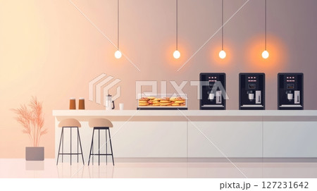 White counter surface in minimalist kitchen setting with natural light and clean lines 127231642