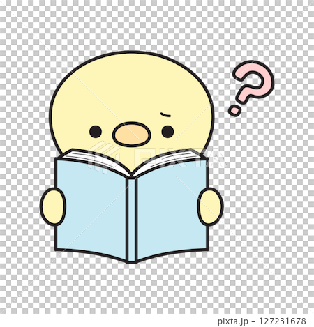 一隻可愛的小雞在讀書並提出問號的插圖 127231678