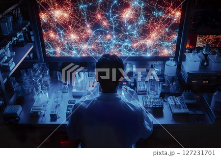 Man sitting at desk working on computer in modern office environment 127231701
