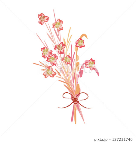 赤い花とピンク色の茎のブーケ 127231740