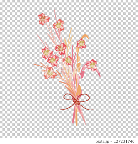 赤い花とピンク色の茎のブーケ 127231740