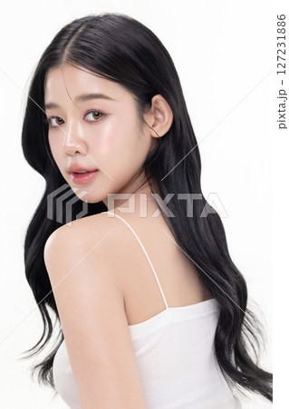 Close up glass skin make up style of beautiful young Asian model isolated on white background. 127231886