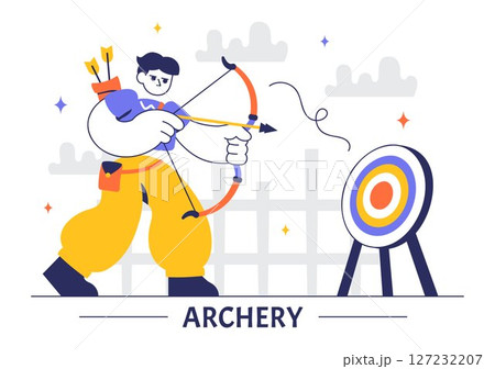 Archery Sport Vector Illustration Featuring a Bow and Arrow Aiming at a Target, Depicting an Outdoor Recreational Activity in a Flat Background 127232207