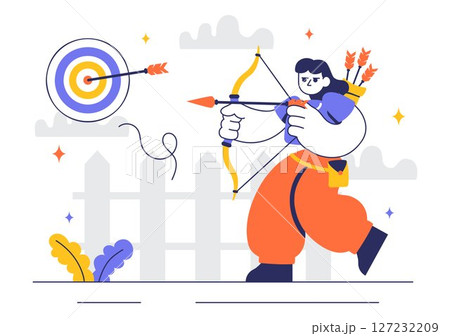 Archery Sport Vector Illustration Featuring a Bow and Arrow Aiming at a Target, Depicting an Outdoor Recreational Activity in a Flat Background 127232209
