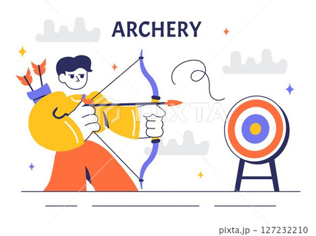 Archery Sport Vector Illustration Featuring a Bow and Arrow Aiming at a Target, Depicting an Outdoor Recreational Activity in a Flat Background 127232210