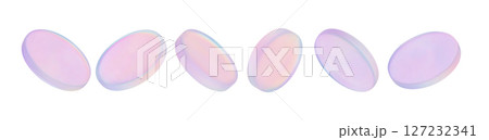 3D holographic coins with glass effect floating. Chrome holographic badge and crystal disk shine in neon purple light. Soft iridescent pastel disks floating in sequence on white background. 127232341