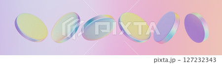 3d glass hologram coin icon, holographic badge on a podium. Neon chrome disk and crystal medal float on soft pastel gradient background. Transparent currency plate shows glossy translucent design. 127232343