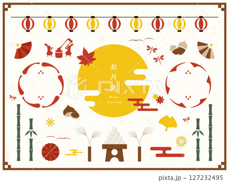 和風な秋のフレームとイラストのセット素材 127232495