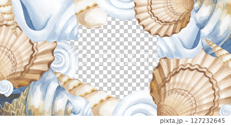 Rectangular marine frame with various shells, hand-painted in watercolor. Beige, brown and white shells. Watercolor illustration on a white background with free space for insertion. 127232645