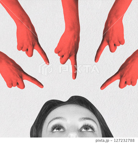 Abstract collage illustration of red hands showing to woman face Abstract collage illustration of red hands showing to woman face 127232788