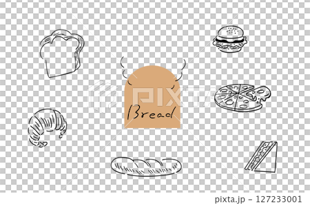パンの詰め合わせセット_手書きイラスト|線画 パンの詰め合わせセット_手書きイラスト|線画 127233001