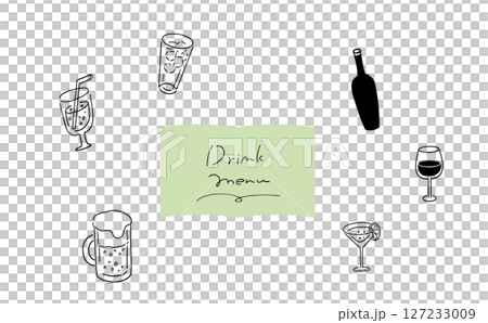 ドリンクメニューセットの手書きイラスト｜線画 127233009